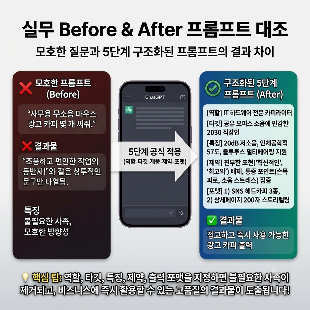 실무 Before & After 프롬프트 대조: 모호한 질문과 5단계 구조화된 프롬프트 결과 차이 인포그래픽