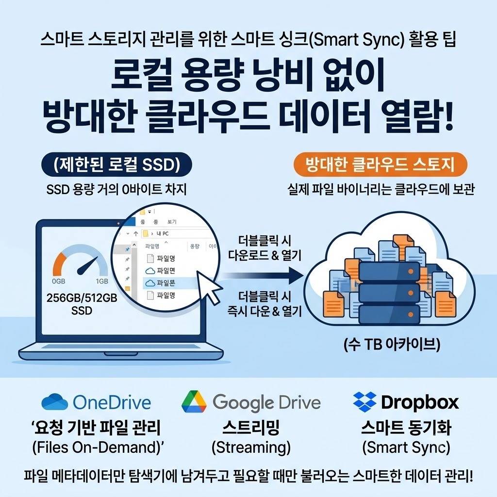 클라우드 스토리지별 스마트 동기화 및 메타데이터 스트리밍 구조를 설명하는 개념 일러스트