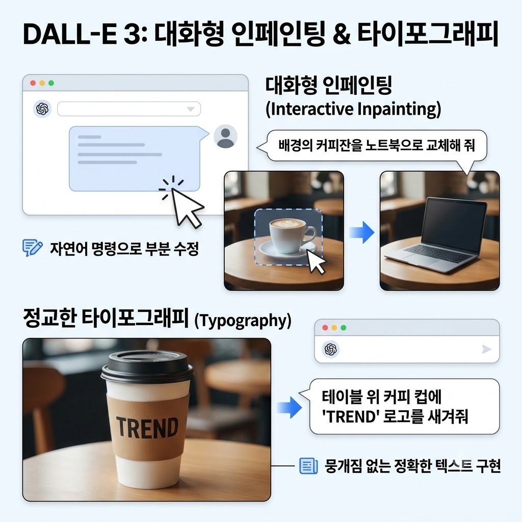 DALL-E 3의 대화형 인페인팅 및 정교한 타이포그래피 생성 구조를 표현한 개념 일러스트