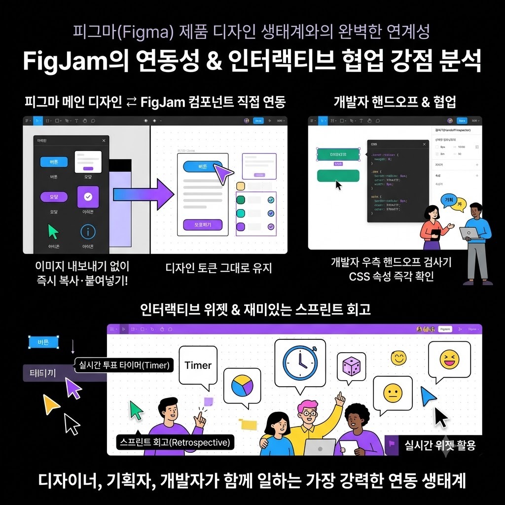 피그마 메인 디자인과 FigJam의 컴포넌트 연동 및 인터랙티브 위젯 협업 방식을 설명하는 개념 일러스트