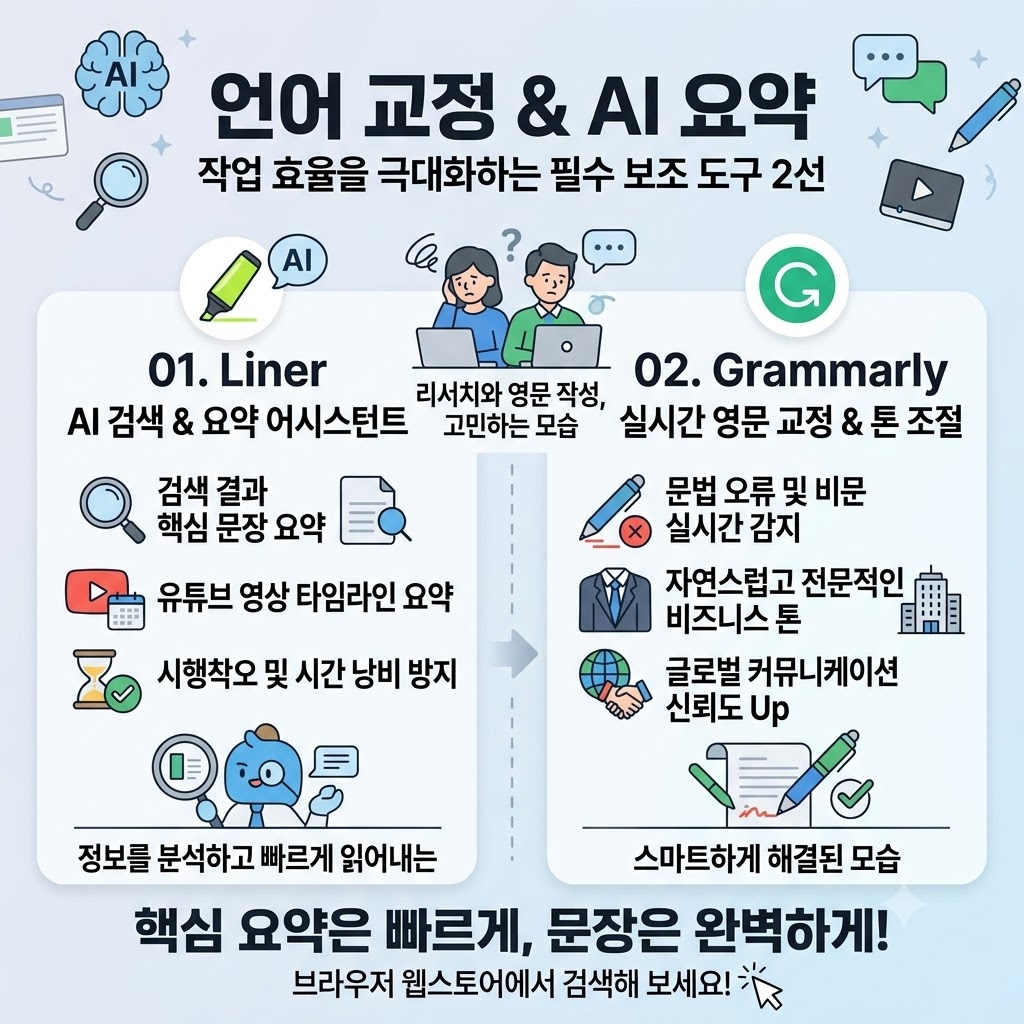 언어 교정(Grammarly) 및 AI 요약(Liner) 확장 프로그램 인포그래픽