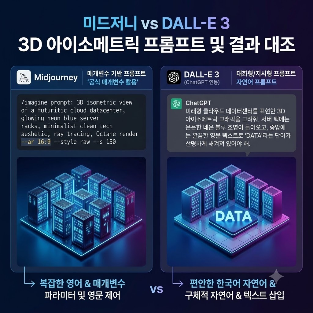미드저니와 DALL-E 3의 3D 아이소메트릭 프롬프트 작성 방식 및 생성 결과를 대조한 개념 일러스트