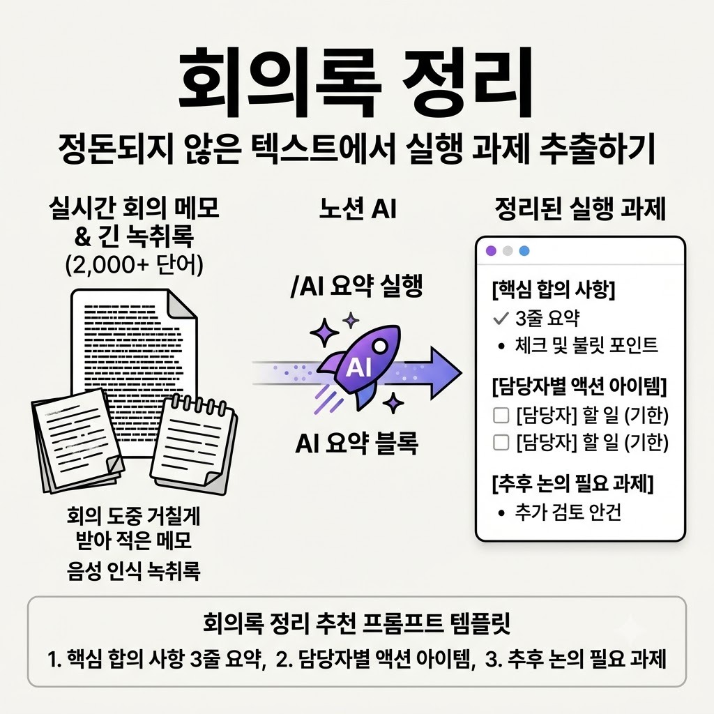 노션 AI 회의록 정리 및 실행 과제 추출 워크플로우 인포그래픽