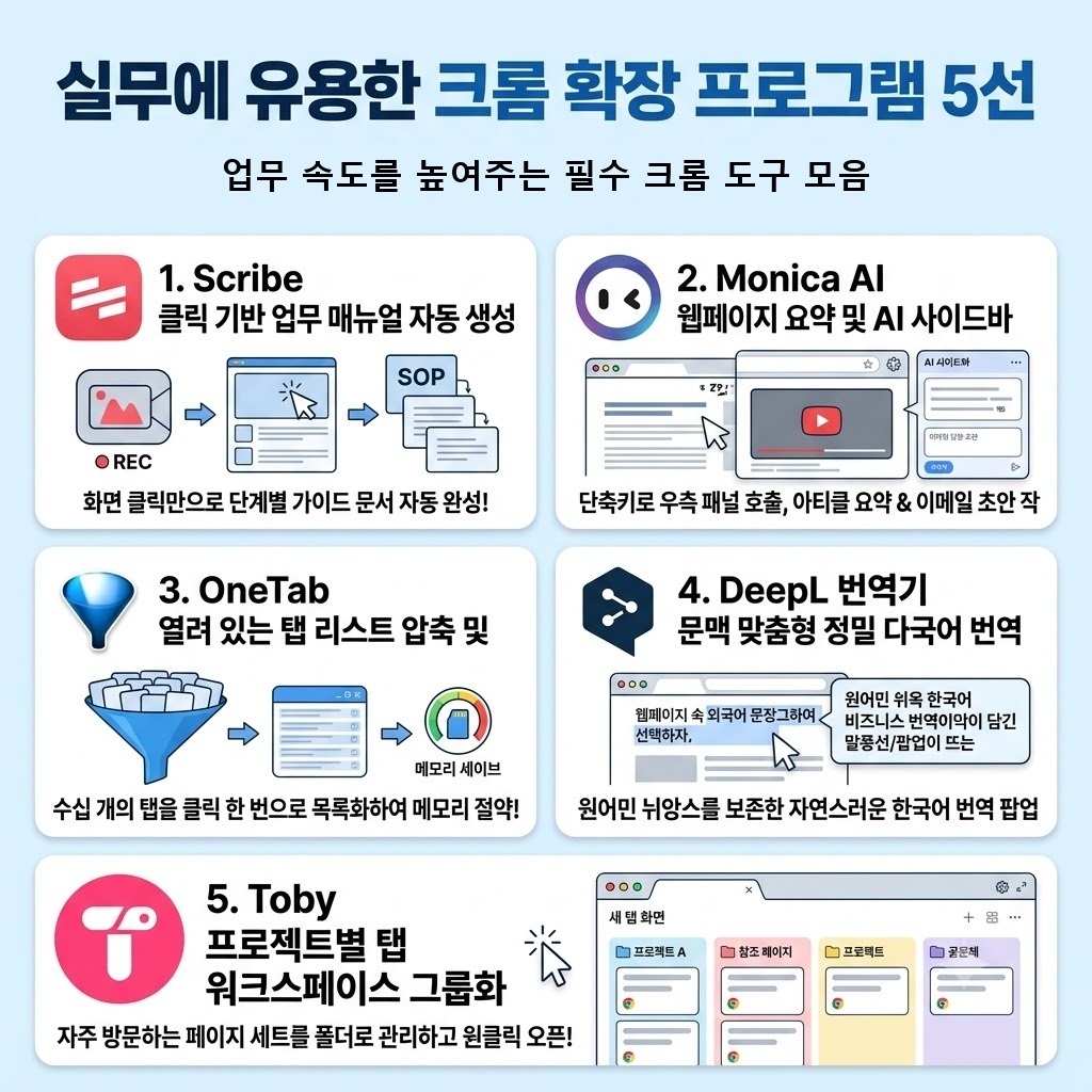 실무에 유용한 크롬 확장 프로그램 5선 핵심 기능을 표현한 개념 일러스트