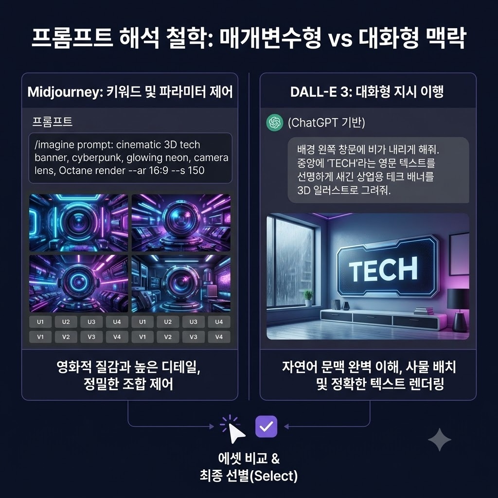 미드저니 매개변수 제어와 DALL-E 3 대화형 맥락 프롬프트 렌더링 비교를 표현한 개념 일러스트