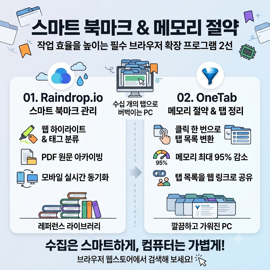 스마트 북마크 관리(Raindrop.io)와 메모리 절약(OneTab) 핵심 기능 인포그래픽